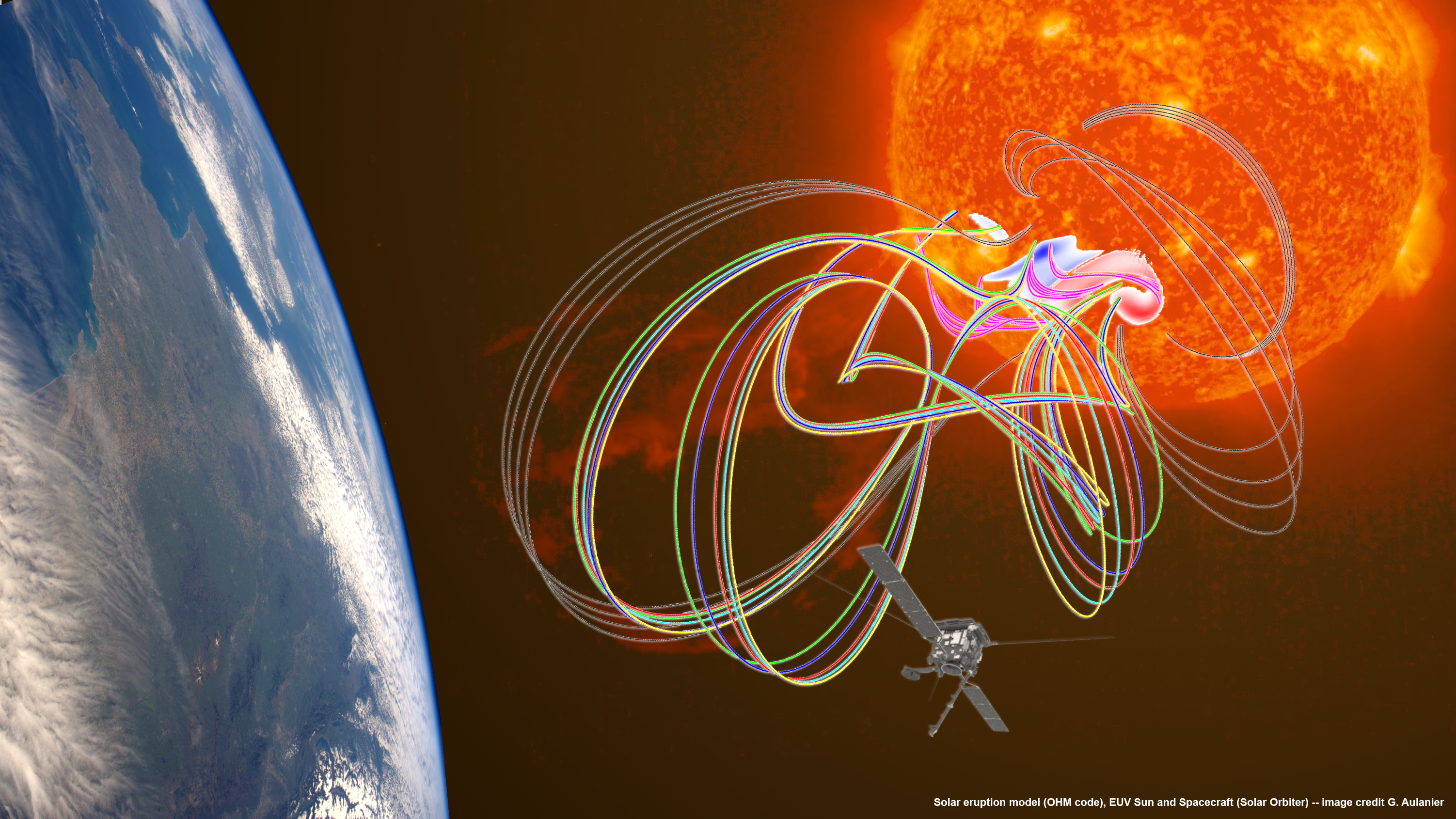 Solar eruption model (OHM code), EUV Sun and Spacecraft (Solar Orbiter) -- image credit G. Aulanier