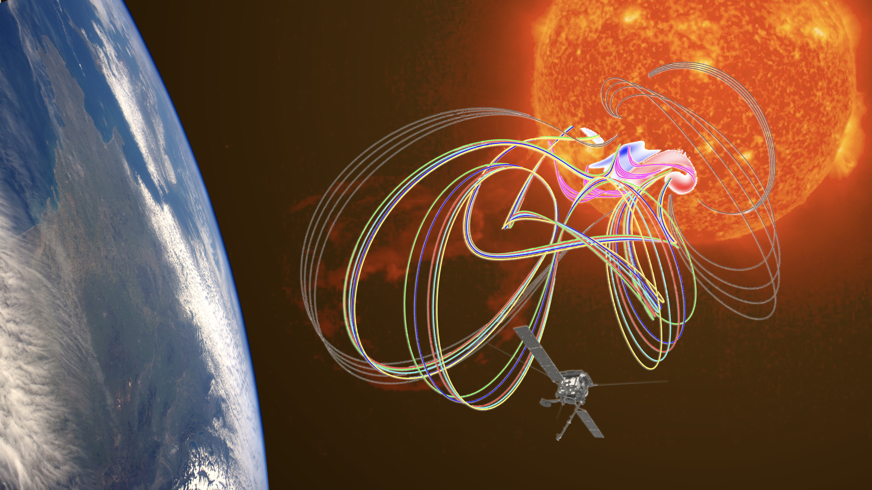 Solar eruption model (OHM code), EUV Sun and Spacecraft (Solar Orbiter) -- image credit G. Aulanier