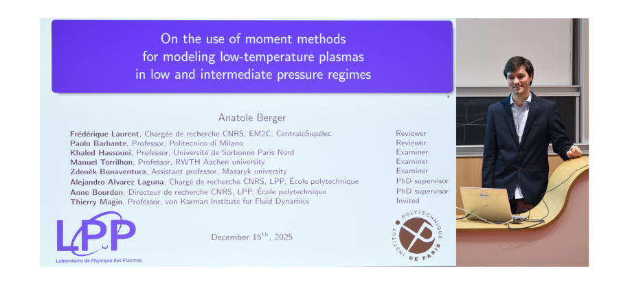Anatole Berger a soutenu sa thèse "Sur l’utilisation de la méthode des moments pour la modélisation des plasmas froids dans les régimes de pression intermédiaire et basse"