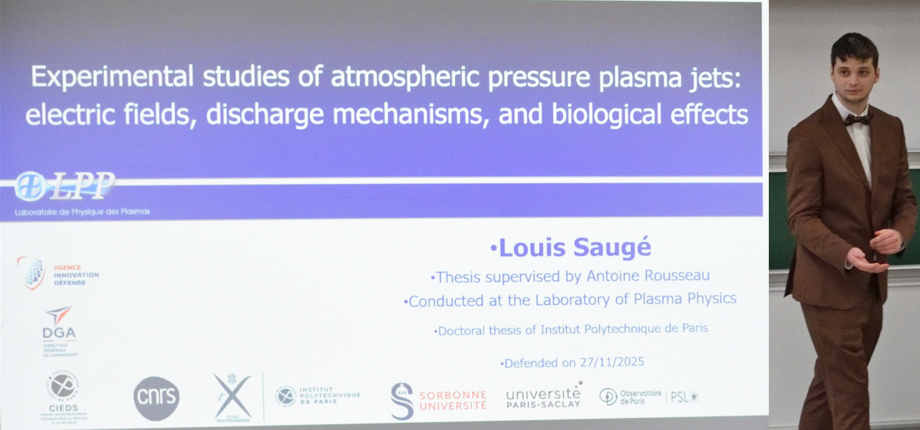 Louis Saugé a soutenu sa thèse "Étude expérimentale sur les jets de plasma à pression atmosphérique : champs électriques, mécanismes de décharge et effets biologiques"