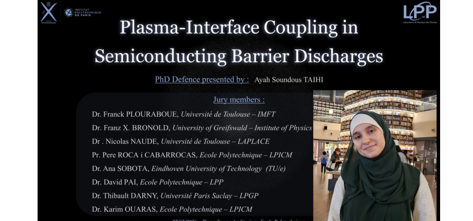 Congratulations to Ayah TAIHI on successfully defending her PhD thesis (Plasma–interface coupling in semiconducting barrier discharges).