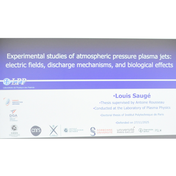 Louis Saugé a soutenu sa thèse "Étude expérimentale sur les jets de plasma à pression atmosphérique : champs électriques, mécanismes de décharge et effets biologiques"